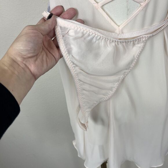 Y2K Dentelle Babydoll Lingerie Womens Large Beige Sheer Beaded Lace Fairycore - Picture 4 of 8